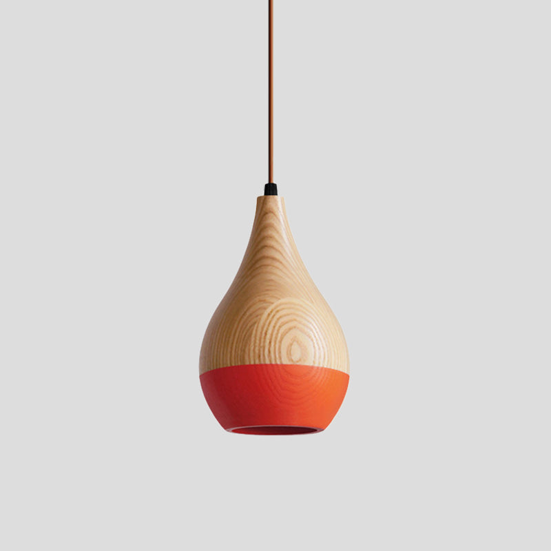 Modern LED Pendant Lamp - Red/Yellow Teardrop Wood Shade - 1-Light Dining Room Hanging Light