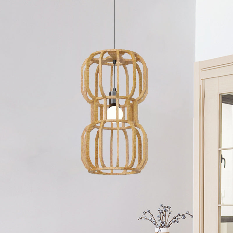 Asian Wood Dumbbell Pendant Light - 1 Head Beige Hanging Lamp Kit Restaurant Décor