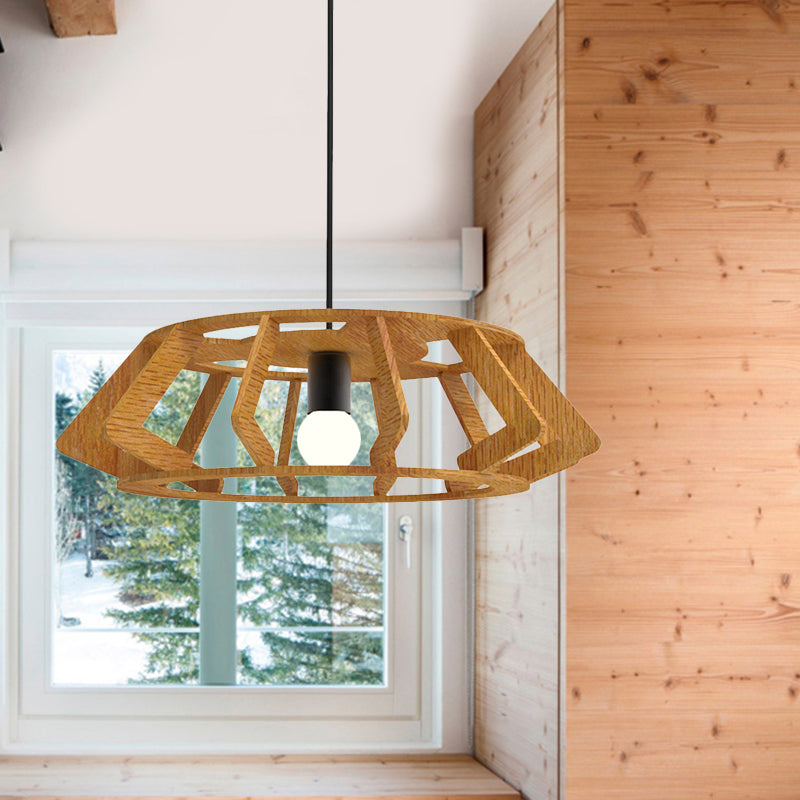 Wooden Asian Drum Pendant Light - 1-Light Study Room Ceiling Lamp