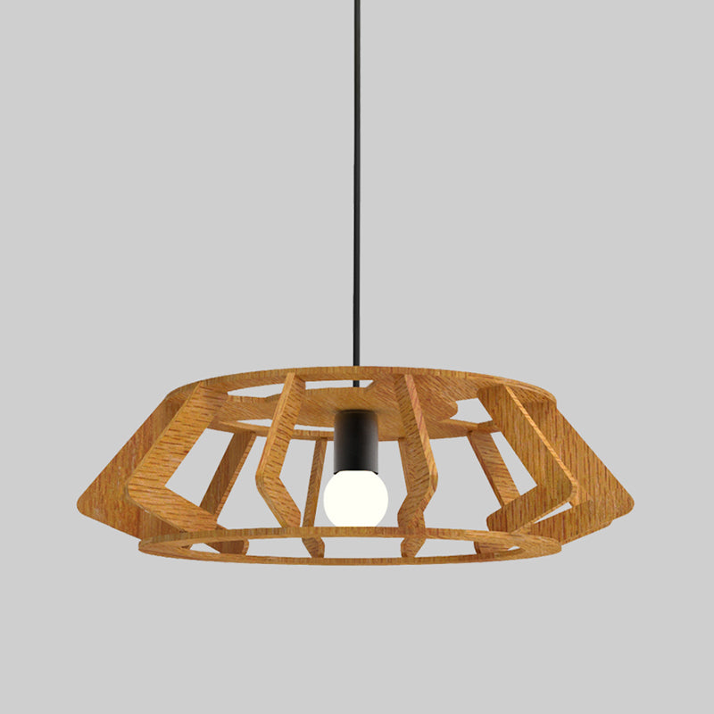 Wooden Asian Drum Pendant Light - 1-Light Study Room Ceiling Lamp