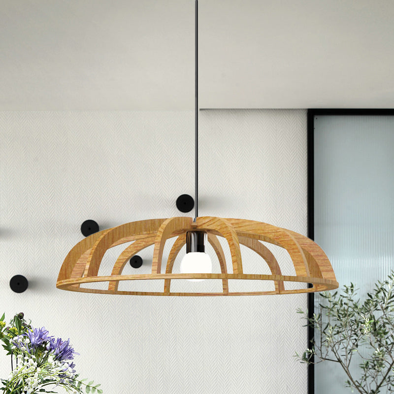 Modern Asian-Inspired Wood Pendant Light With Flat Bowl Frame And 1 Bulb For Hallways