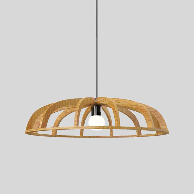 Modern Asian-Inspired Wood Pendant Light With Flat Bowl Frame And 1 Bulb For Hallways