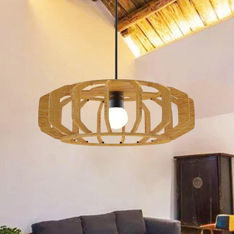 Asia-Style Wooden Lantern Ceiling Light With Suspension Lamp Design - 1 Bulb For Living Room Wood