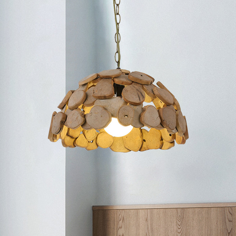 Restaurant Ceiling Light - Asian Brown Hanging Lamp With Dome Wood Block Shade