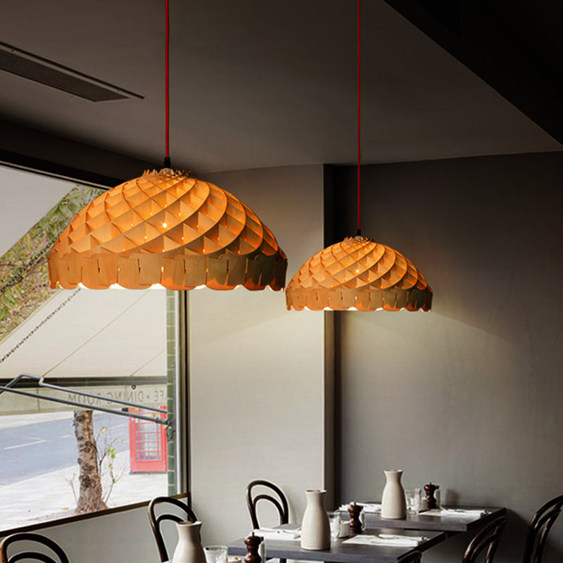 Dome Asian Wood Pendant Lamp With Hand Woven Design And Led Light
