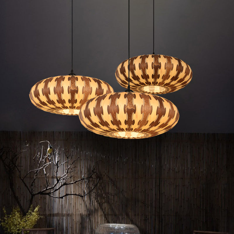 Brown Oval Lantern Ceiling Pendant Light - Asia Style Wood Led Hanging Lamp