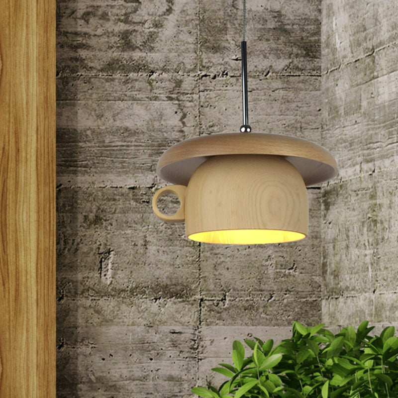 Modernist Wood Coffee-Cup Pendant Light With Led Beige Ceiling Hang Fixture - 1-Bulb