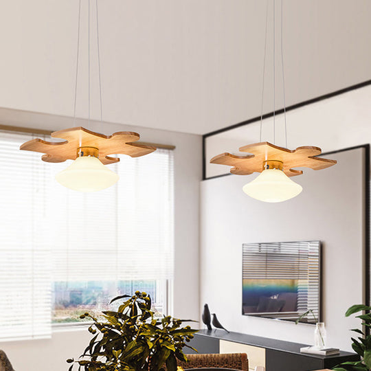 Suspension Light - Modern Wood Jigsaw Puzzle Hanging Lamp Kit With Mushroom Cream Glass Shade