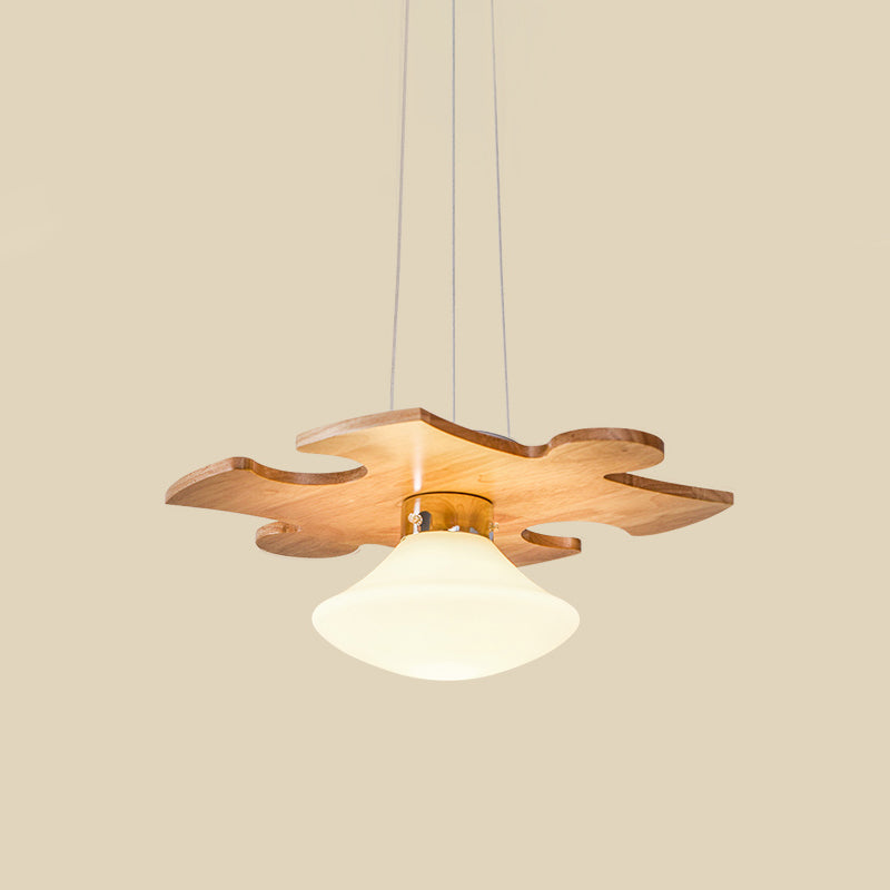 Suspension Light with Modern Wood Jigsaw Puzzle Design - Mushroom Cream Glass Shade
