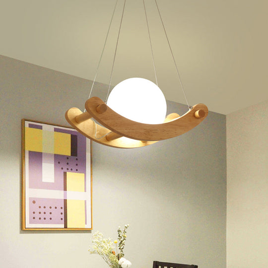 Modernist 1-Light Wood Pendant Lamp with Milk White Glass Shade - Beige Arced Ceiling Hanging Design