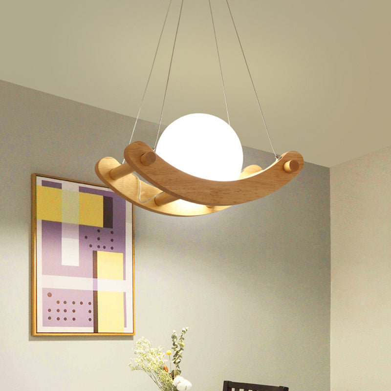 Modern Beige Arced Pendant Lamp With Wood Shade - 1 Light Hanging Ceiling Fixture