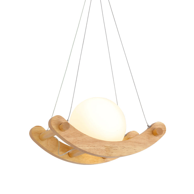 Modern Beige Arced Pendant Lamp With Wood Shade - 1 Light Hanging Ceiling Fixture