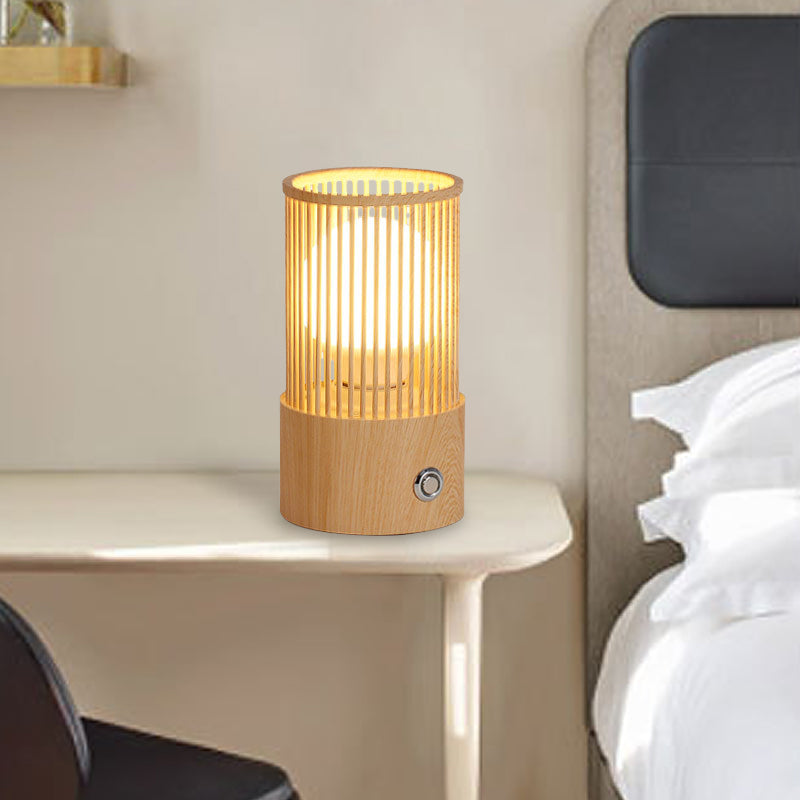 Sleek Beige Tubular Cage Desk Light: Minimalist Wood Table Lamp For Coffee Shops