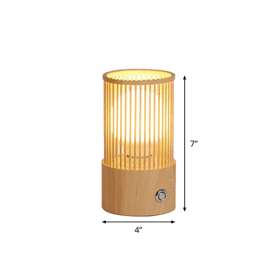 Sleek Beige Tubular Cage Desk Light: Minimalist Wood Table Lamp For Coffee Shops