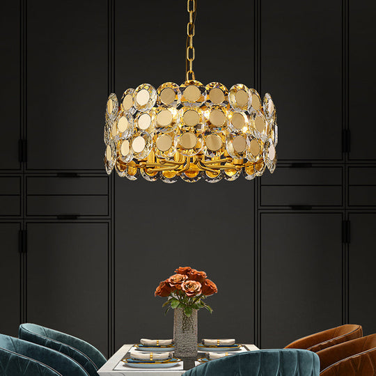 Contemporary 8-Light Crystal Block Chandelier With Brass Finish Drum Pendant