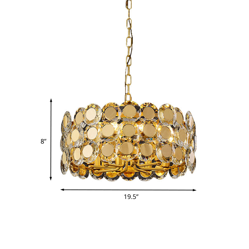 Contemporary 8-Light Crystal Block Chandelier With Brass Finish Drum Pendant