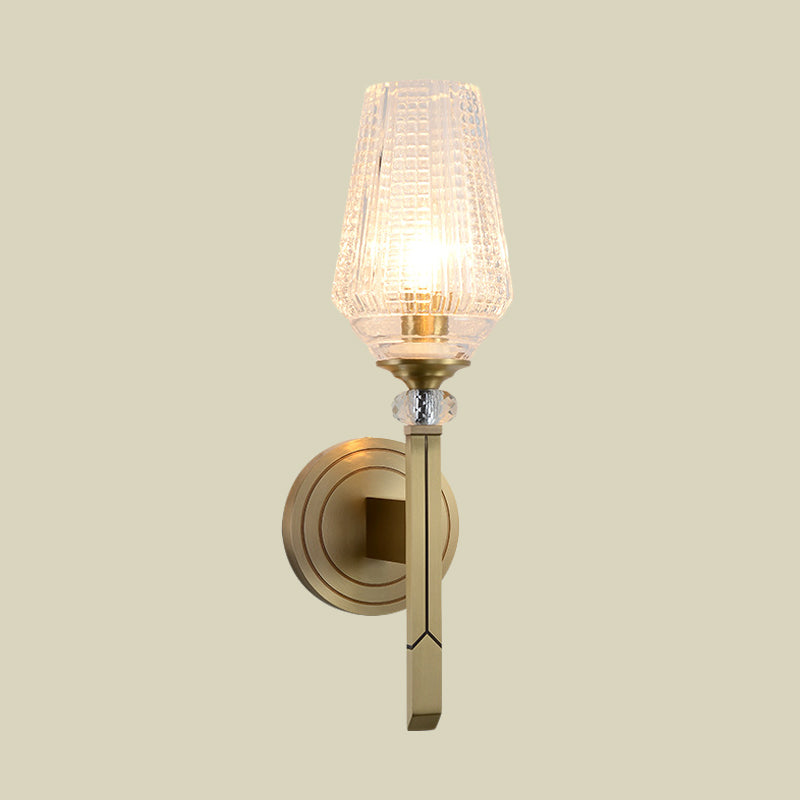 Modern Cup Shaped Sconce With Clear Ribbed Glass - Elegant 1-Head Bedside Wall Light Fixture