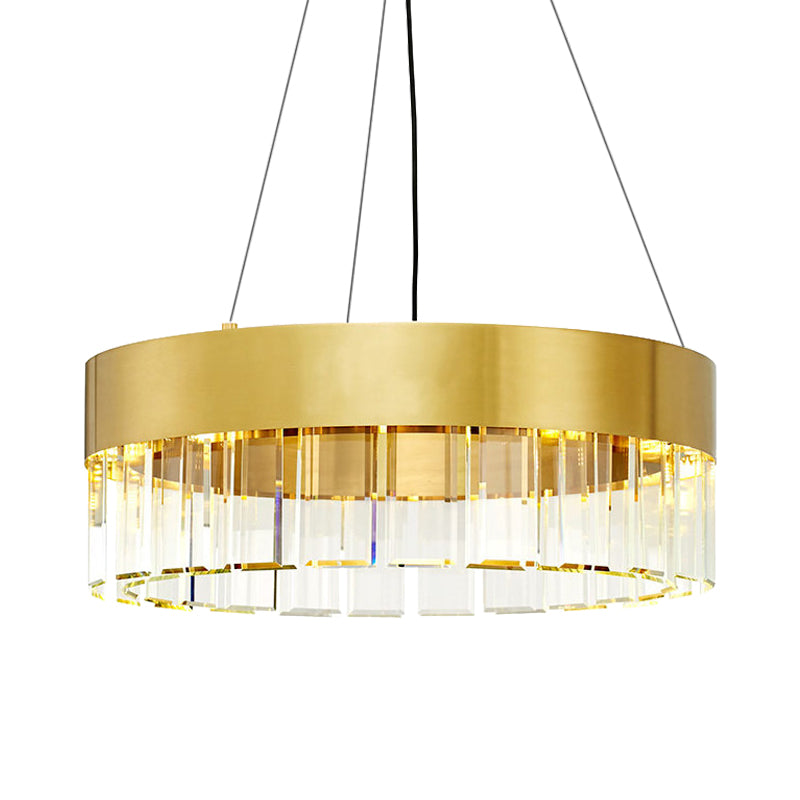 Minimalist Gold Metal Chandelier Pendant Light - Round Design with 8 Crystal Accents