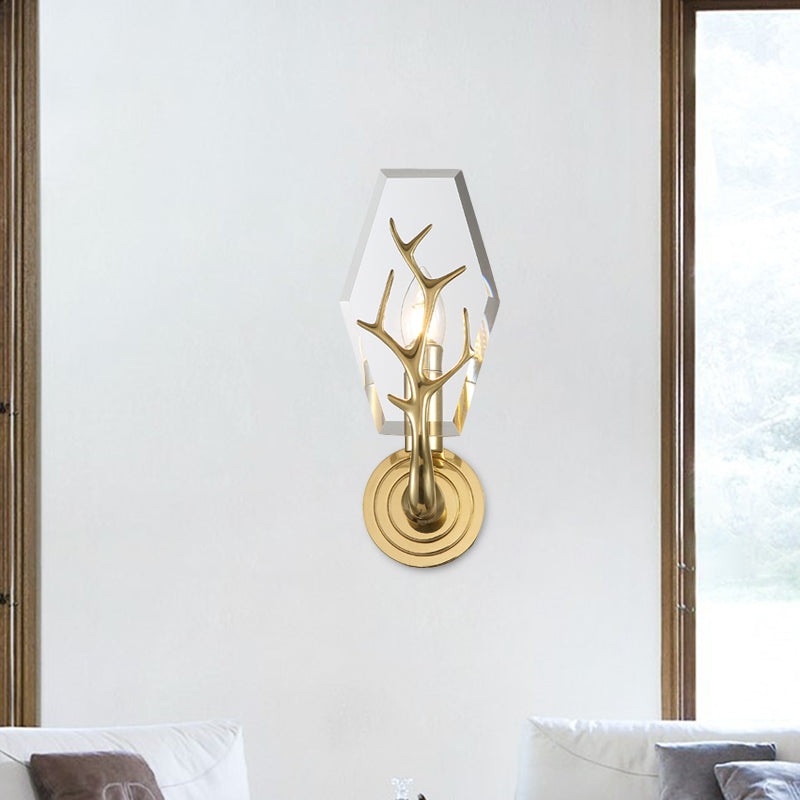 Brass Antler Arm Wall Sconce With Crystal Panel Modern Design & 1-Bulb Mount Lighting