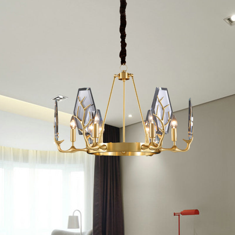 Modern Brass Panel Pendant Chandelier With Crystal Round Hanging Ceiling Lamp - 6/8 Lights 6 /