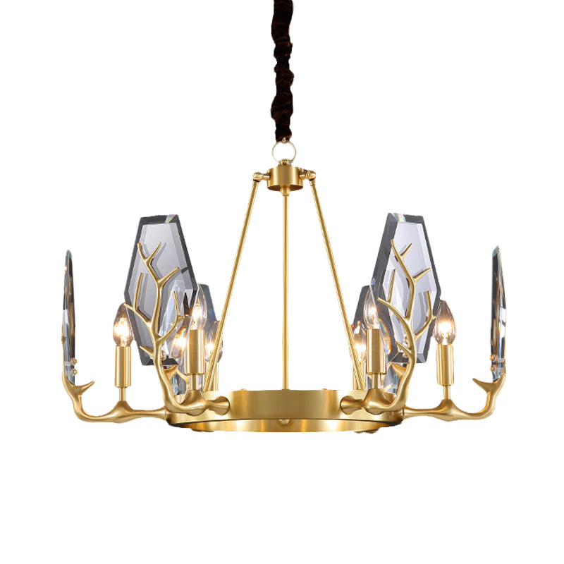 Modern Brass Panel Pendant Chandelier with Crystal Round Hanging Ceiling Lamp - 6/8 Lights