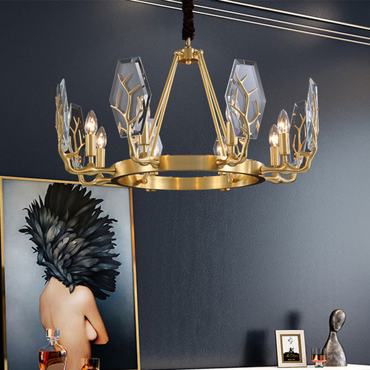 Modern Brass Panel Pendant Chandelier with Crystal Round Hanging Ceiling Lamp - 6/8 Lights