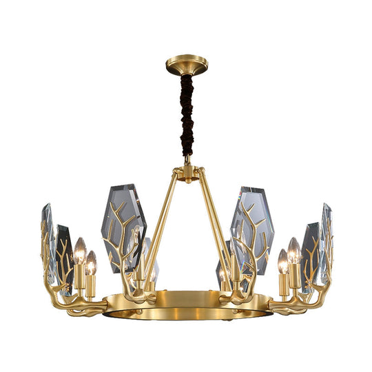 Modern Brass Panel Pendant Chandelier With Crystal Round Hanging Ceiling Lamp - 6/8 Lights