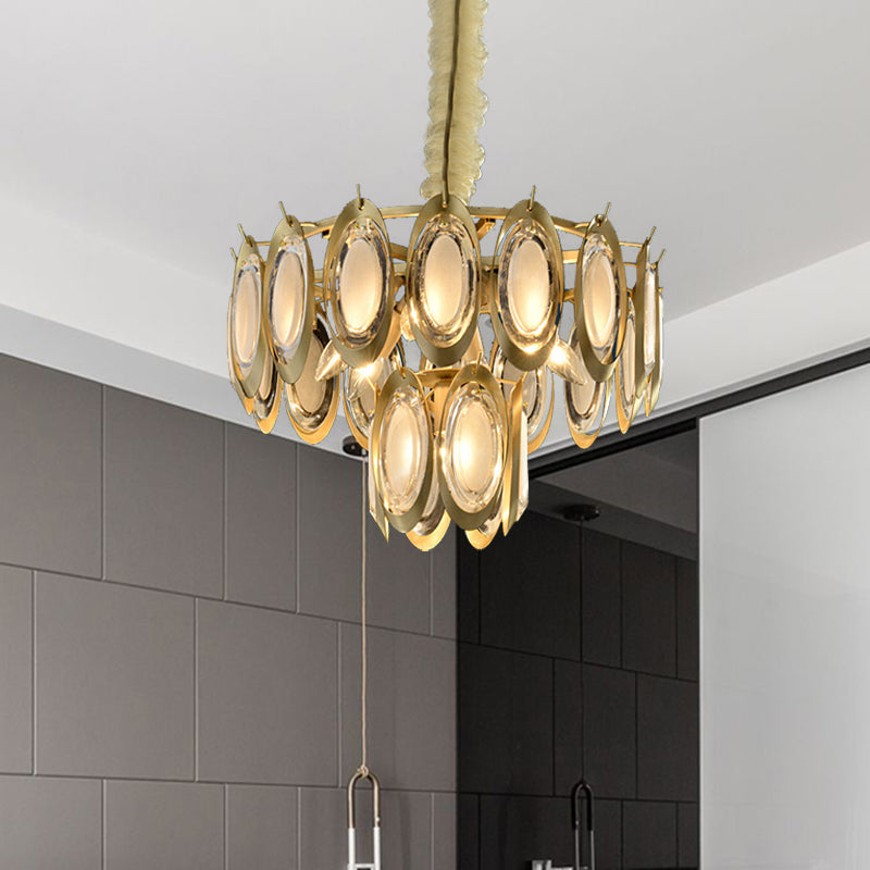 Modern 2-Tier Metallic Oblong Chandelier - Brass Finish, 7 Hanging Bulbs, Ceiling Lamp