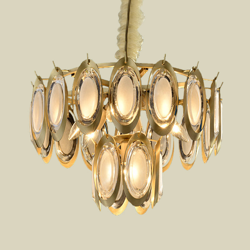 Modern 2-Tier Metallic Oblong Chandelier - Brass Finish, 7 Hanging Bulbs, Ceiling Lamp