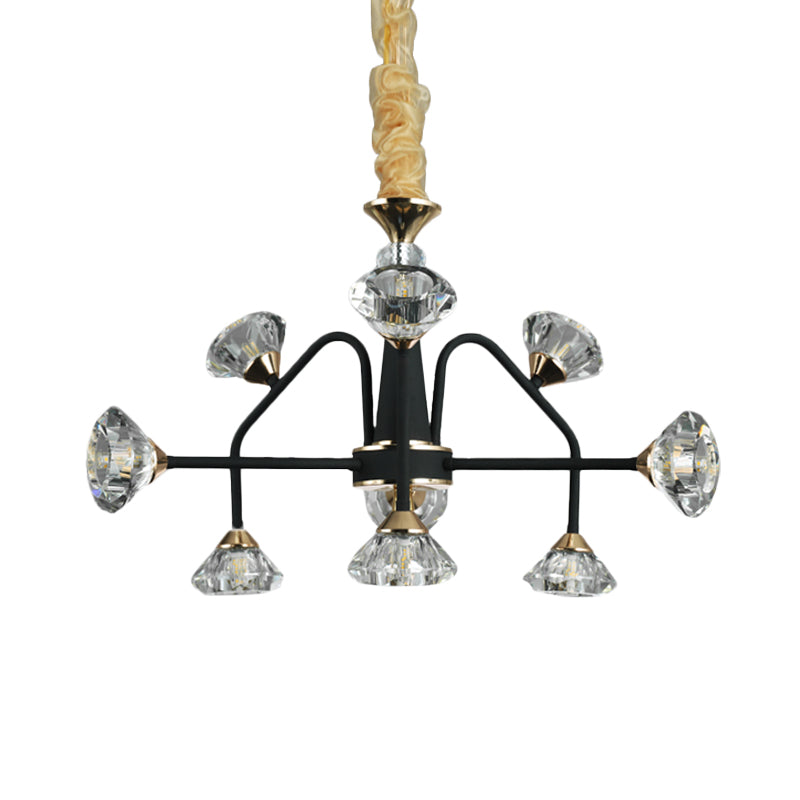 Modern Metal Sputnik Bedroom Chandelier with Diamond Crystal Shade - 9 Bulbs, Black Pendant Light