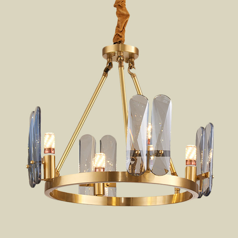 Circular Metal Brass Chandelier with 4 Modernist Heads and Oval Smoke Gray Crystal Panel