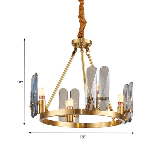 Modern Metal Brass Chandelier Pendant With 4 Circular Heads Oval Smoke Gray Crystal Panel