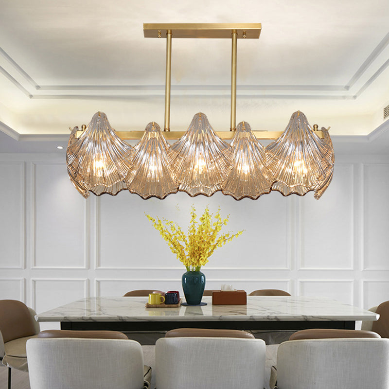 Contemporary Amber Crystal Pendant Light With Brass Island Lighting - 8 Lights Linear Metal Arm