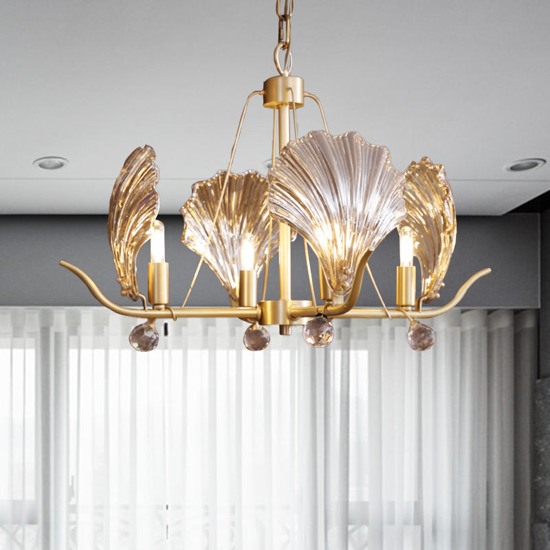 Modern Clear Glass Prismatic Chandelier - Brass Finish, 4-Bulb Hanging Light with Crystal Ball