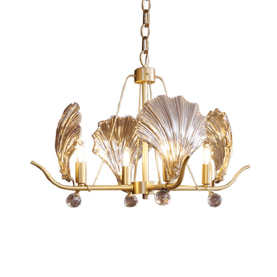 Clear Glass Shell Chandelier With 4 Bulbs And Crystal Ball In Brass Suspension