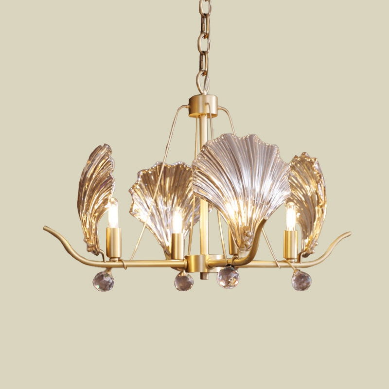 Clear Glass Shell Chandelier With 4 Bulbs And Crystal Ball In Brass Suspension