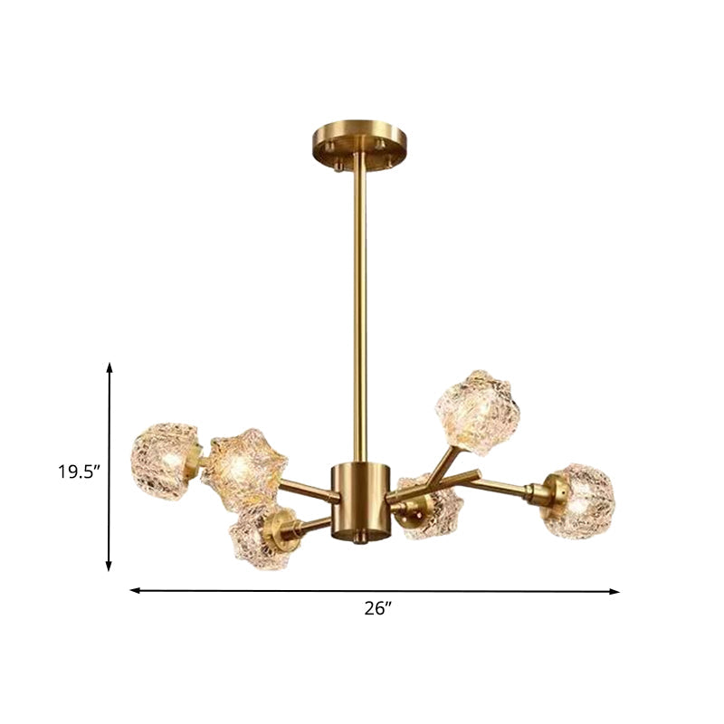 Modern Brass Starburst Chandelier Light - 6-Bulb Crystal Block Dining Room Pendant Fixture