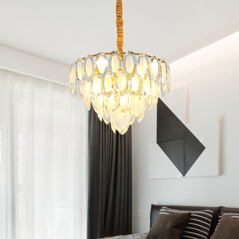 Modern Gold Crystal Chandelier - 9 Heads, Oval Shape - Multi Layered Pendant Light for Living Room Ceiling