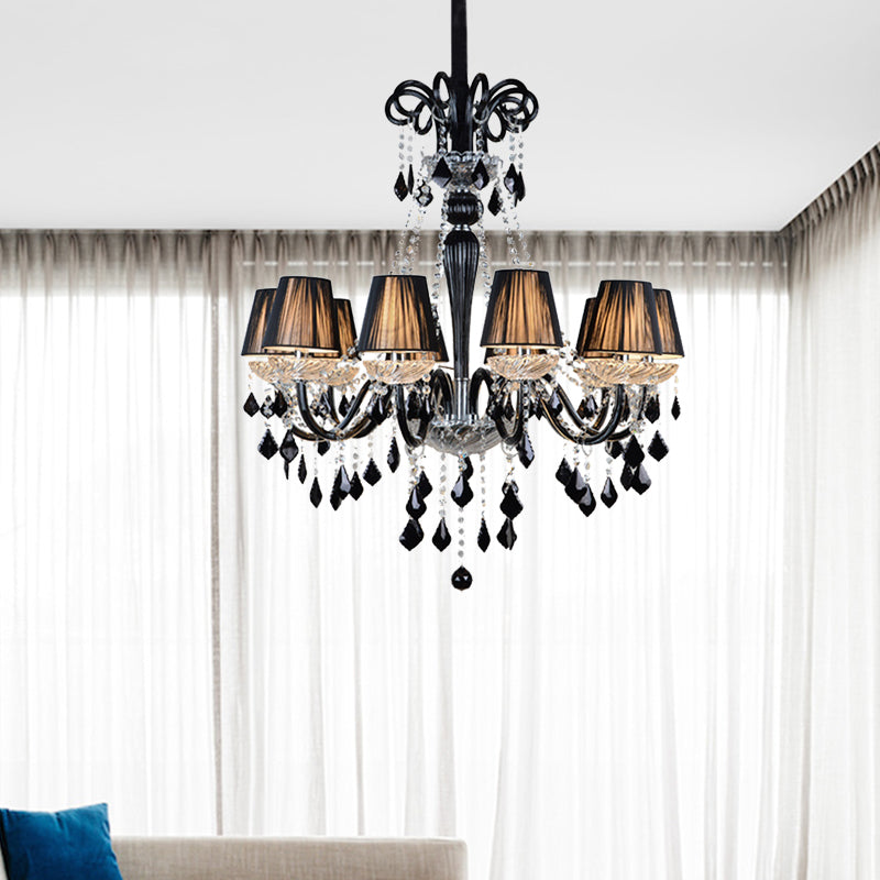 10-Bulb Fabric Ceiling Light: Traditional Tapered Chandelier Lamp With Crystal And Glass Arm