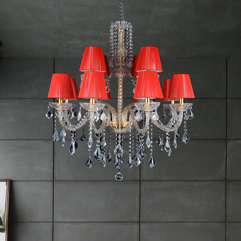 Vintage Red Cone Chandelier With Crystal Accents - 12 Head Bedroom Ceiling Lamp