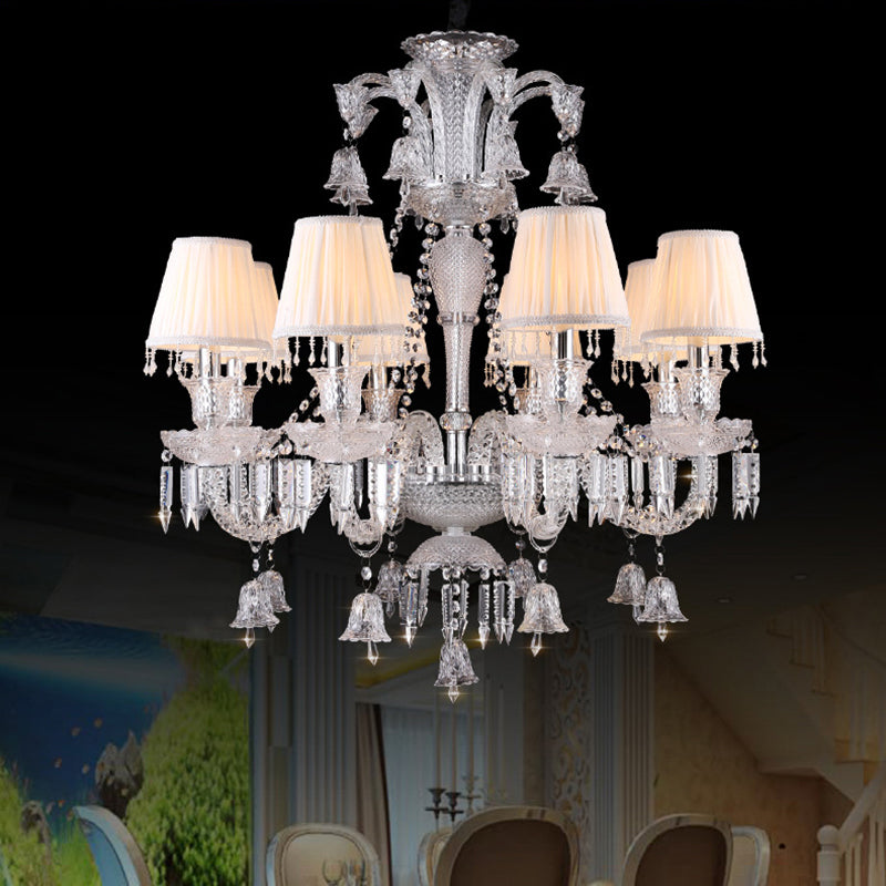 Antique White Chandelier With Pleated Shade Fabric 8-Bulb Pendant For Living Room - Curvy Glass Arm