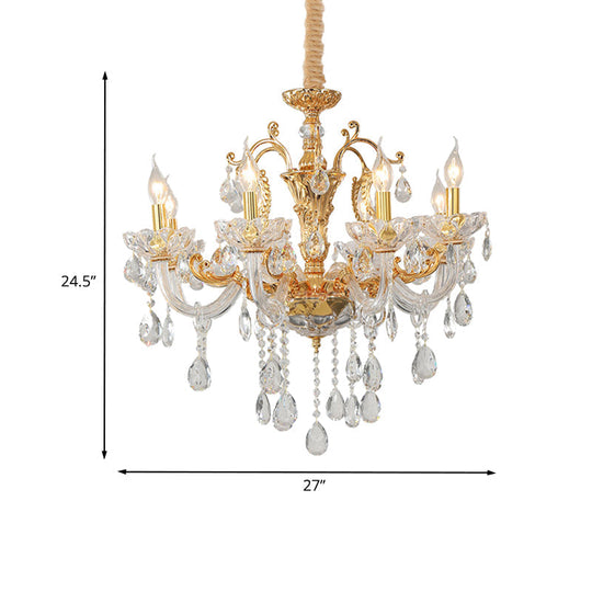 8-Head Traditional Candle Pendant Chandelier In Elegant Gold With Clear Crystal Glass Stylish