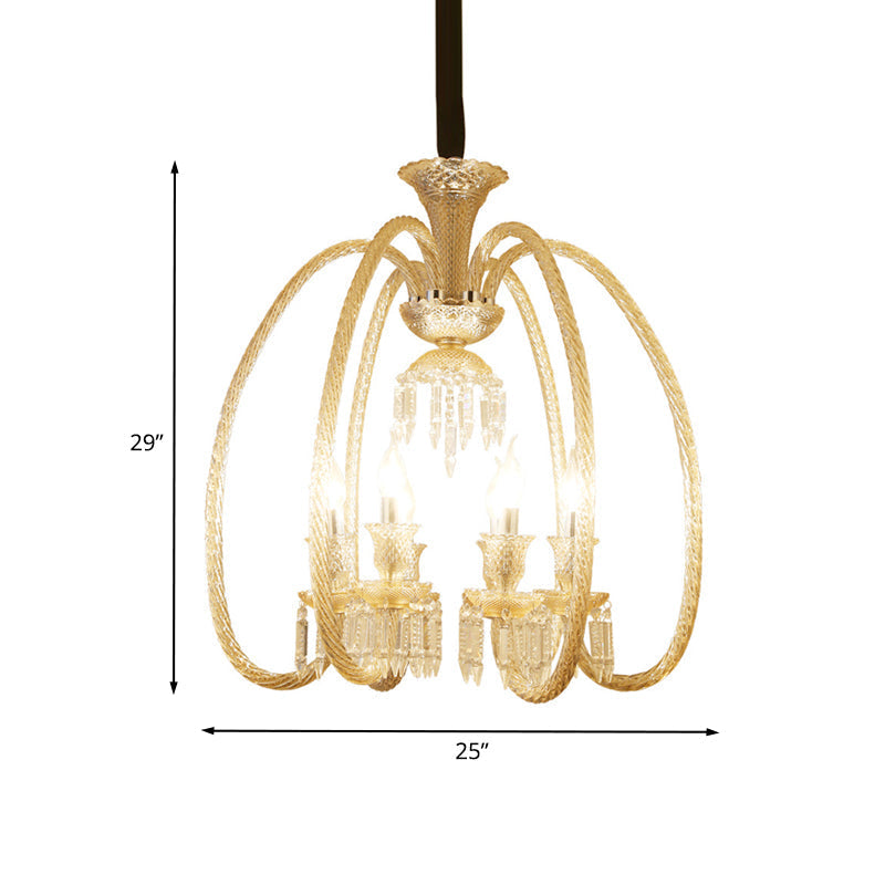 Antique Chandelier For Living Room Pendant - 6/8 Heads Curving Cognac Glass Arm & Clear Crystal