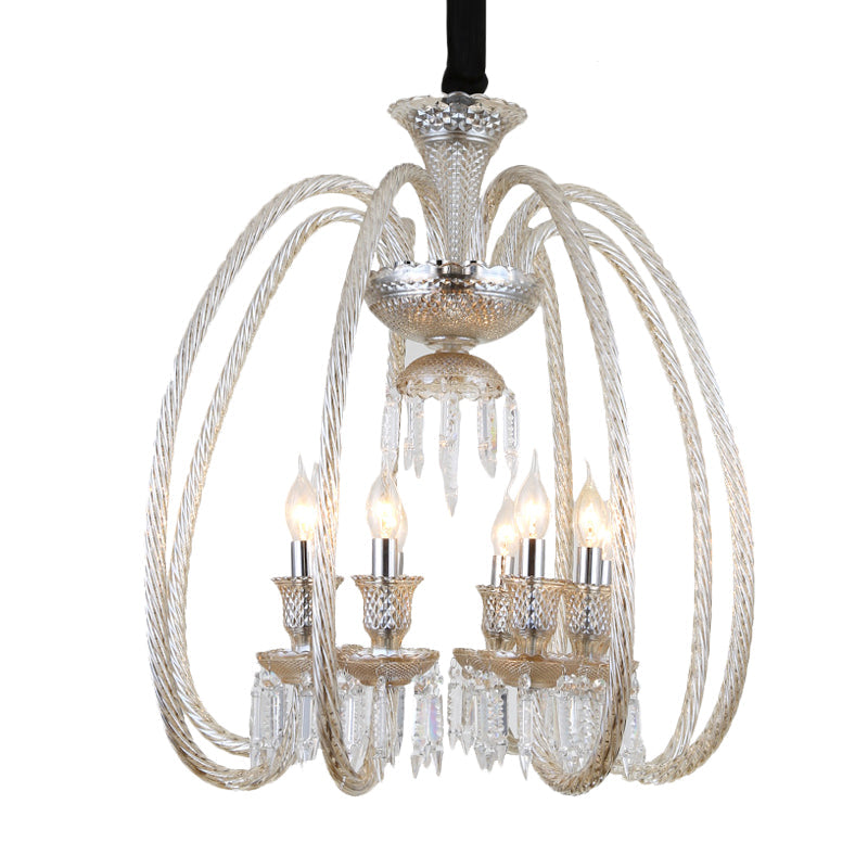 Antique Chandelier For Living Room Pendant - 6/8 Heads Curving Cognac Glass Arm & Clear Crystal