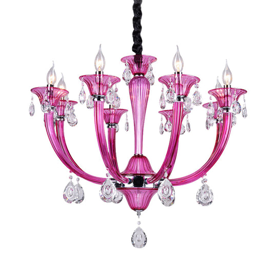 Modern Red Glass Candlestick Chandelier - 8-Light Chrome Pendant With Crystal Draping For Living