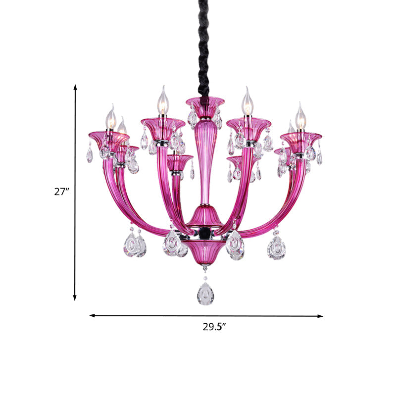 Modern Rose Red Glass Chandelier with Crystal Draping - 8-Light Chrome Pendant for Living Room