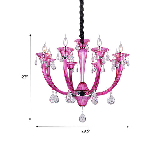 Modern Red Glass Candlestick Chandelier - 8-Light Chrome Pendant With Crystal Draping For Living