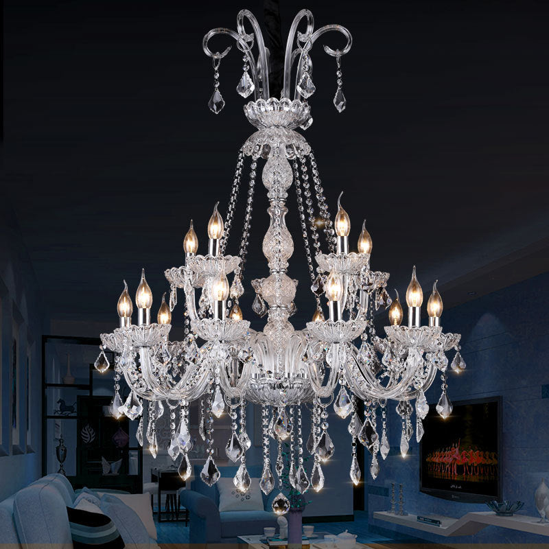 Retro 15-Bulb Clear Glass Candelabra Chandelier With Crystal Drop - Living Room Suspension Light