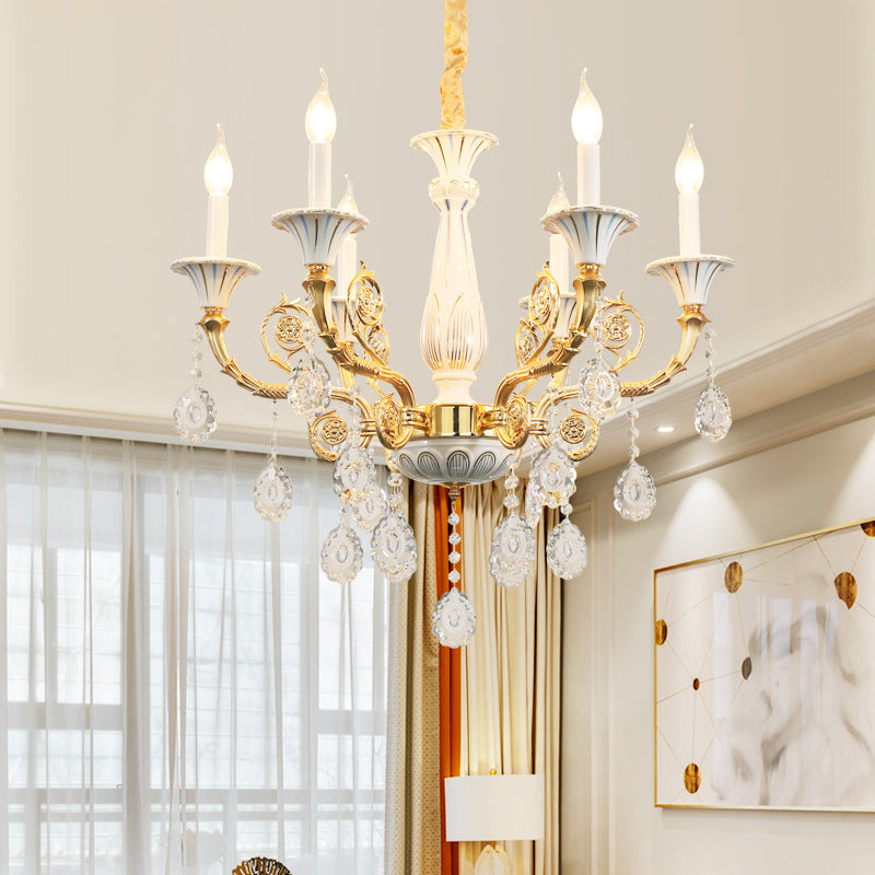 Traditional Crystal Chandelier - Elegant Gold Candle Lamp With 6 Heads For Bedroom Ceiling Ceramic