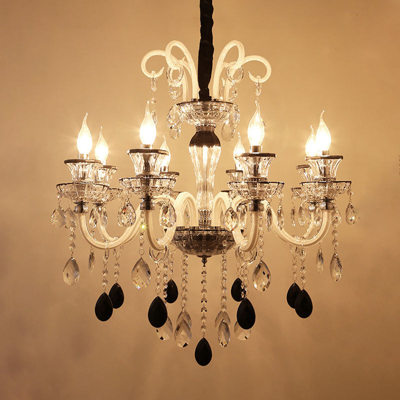 10-Light Vintage Candlestick Chandelier With Clear And Black Crystal Pendant Glass Arms